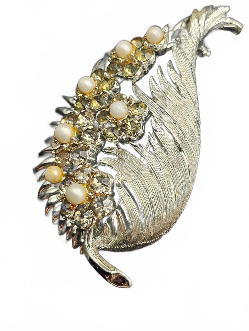 Pearl and Rhinestone Leaf Brooch